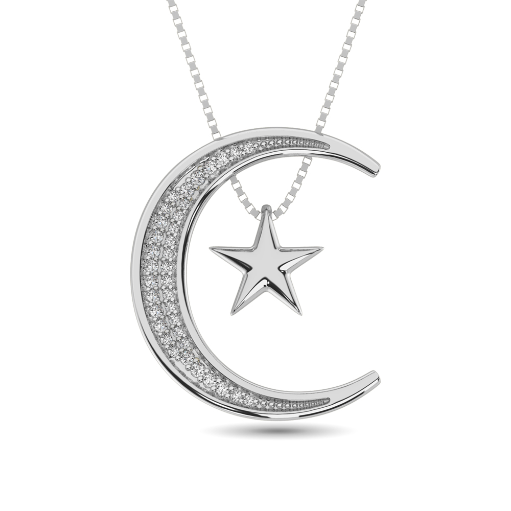 Colgante de luna y estrella con diamantes de 1/20 ct en plata de ley.