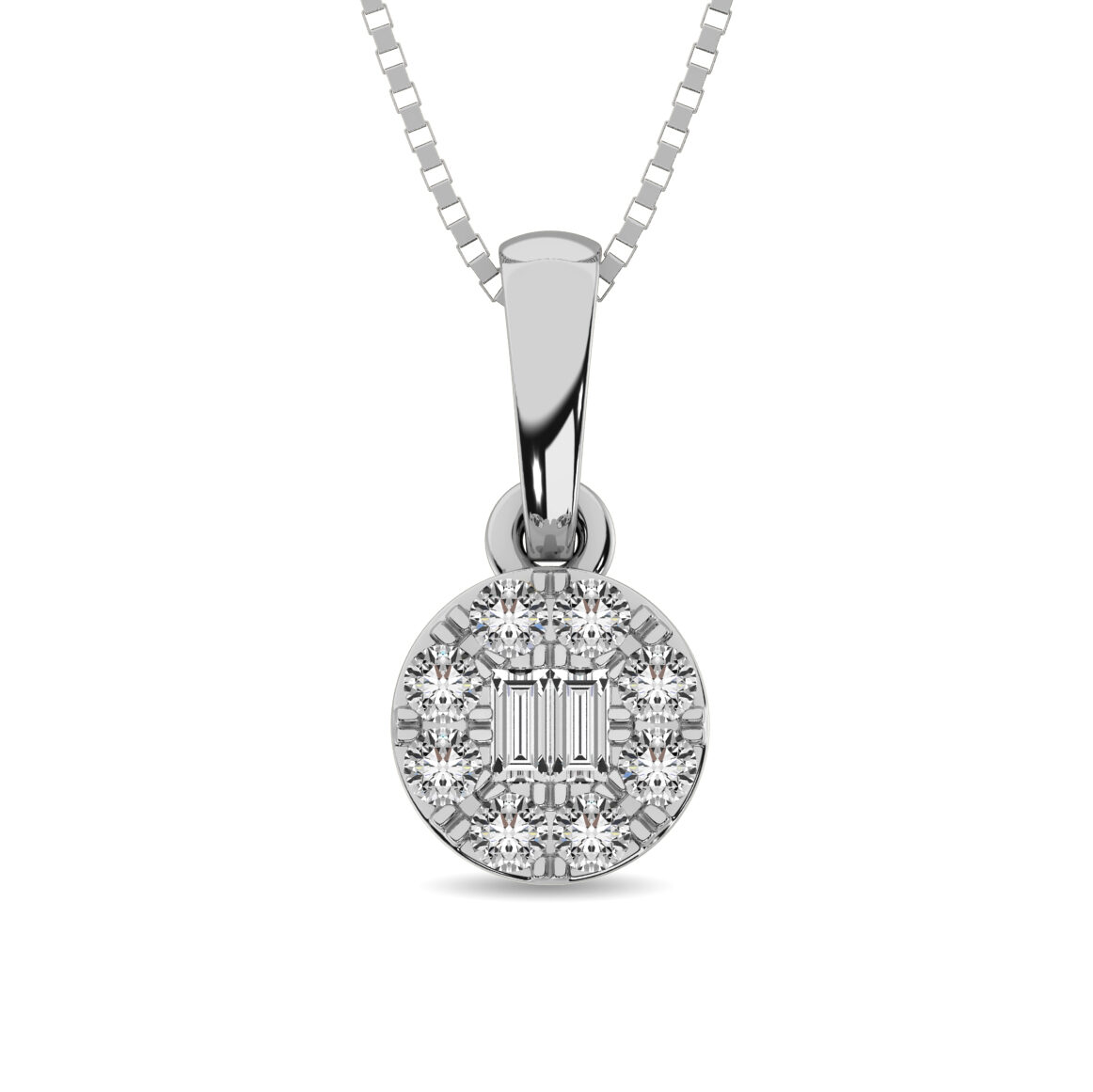 Colgante de moda con diamantes redondos y baguette de 1/6 ct en oro blanco de 10 quilates.
