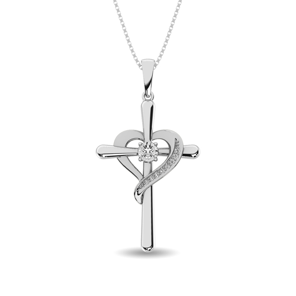 Corazón y cruz con diamantes de 1/20 ct engastados en plata de ley.