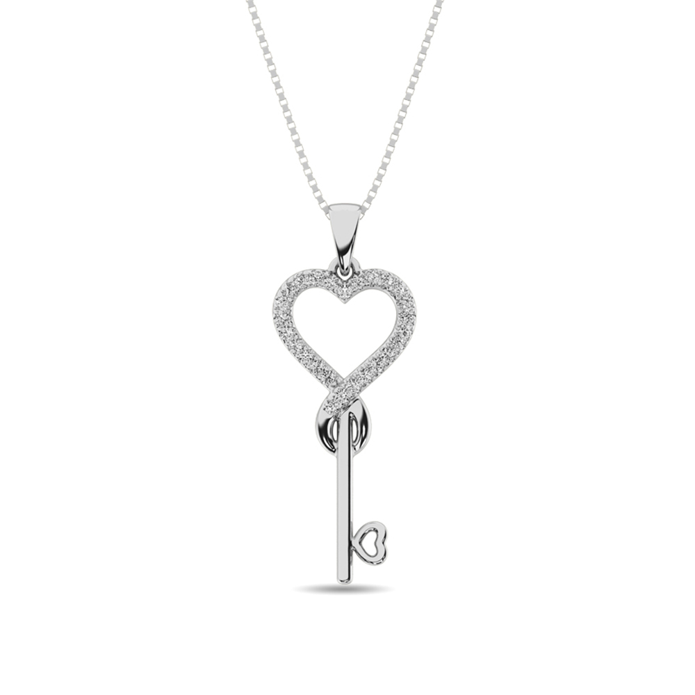 Colgante de corazón y llave con diamantes de 1/10 ct en plata de ley.