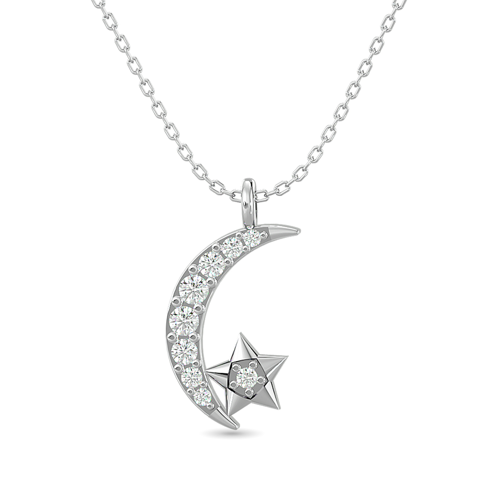 Colgante de oro blanco de 10 quilates con diamante de 1/10 quilates (luna y estrella).