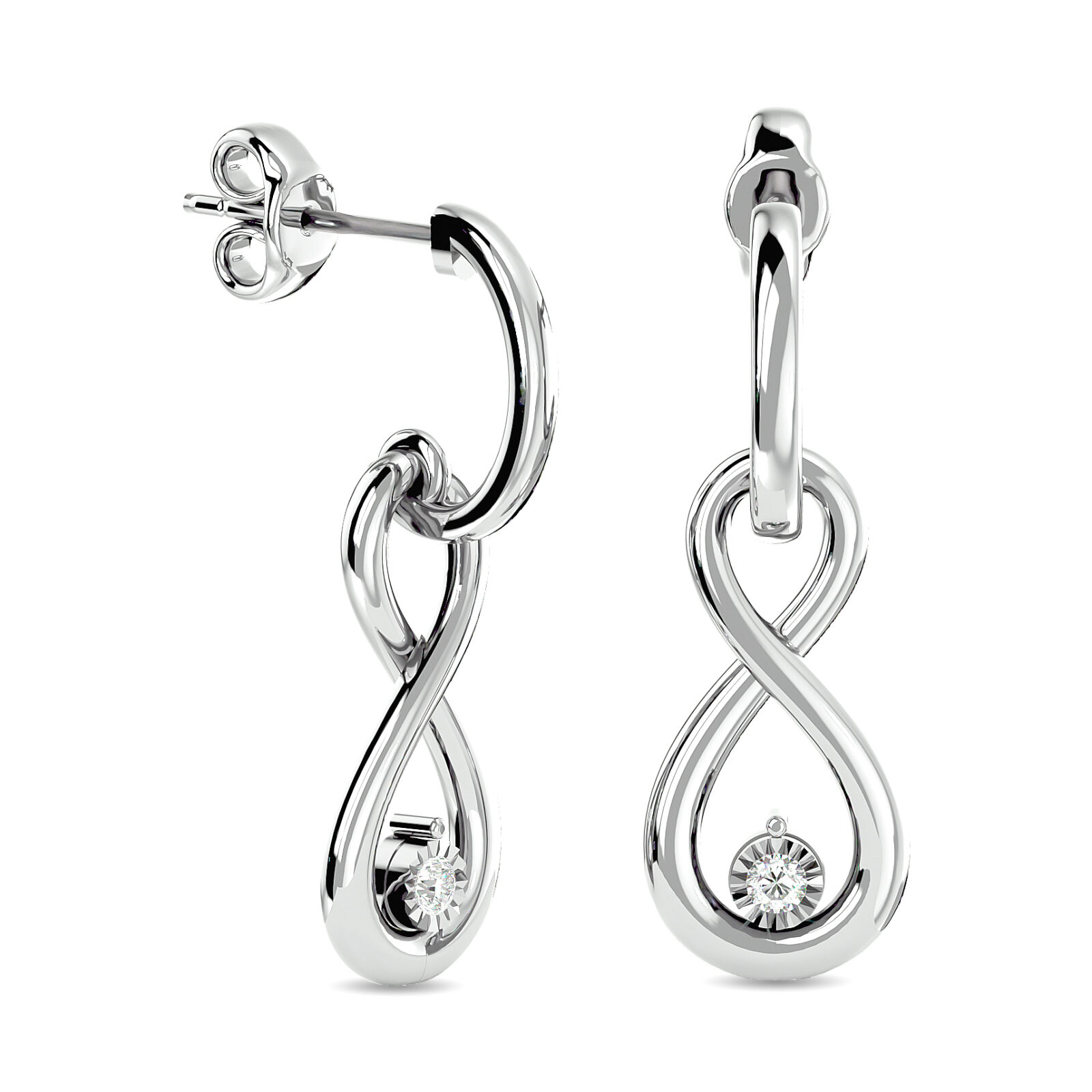 Pendientes Infinity de plata de ley con diamantes de 1/20 ct (infinito horizontal).