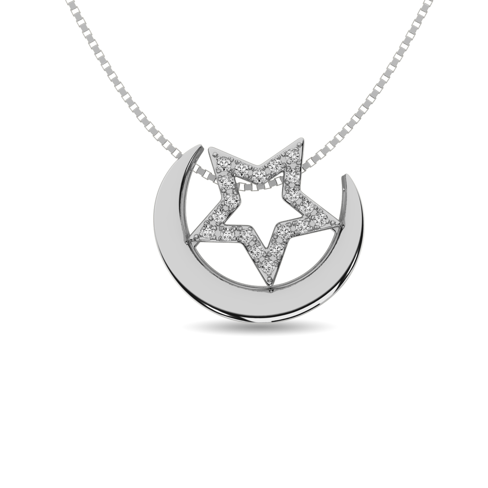 Colgante de luna y estrella con diamantes de 1/20 ct engastados en plata de ley.