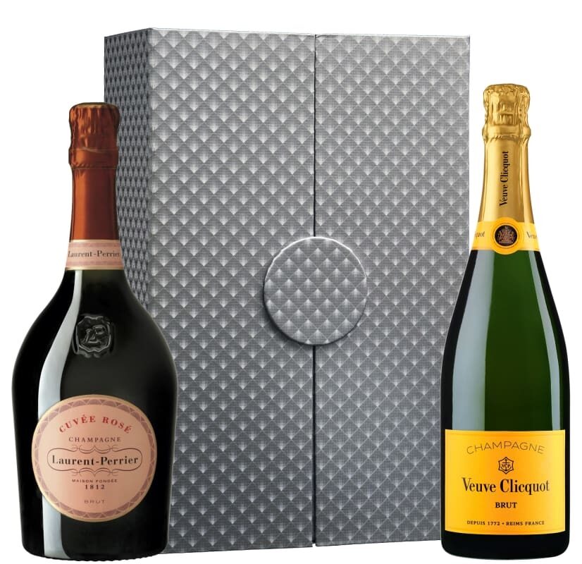 Iconos de champán con caja de regalo plateada