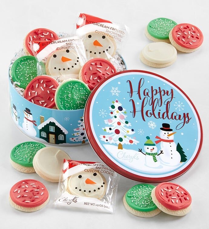 Lata de regalo con forma de muñeco de nieve: galletas de azúcar glaseadas con crema de mantequilla.
