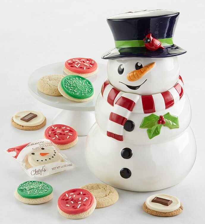 Tarro para galletas de edición de coleccionista con muñeco de nieve y cardenal