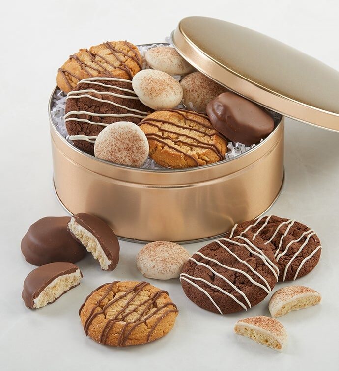 Lata de regalo con galletas cubiertas de chocolate y dulces