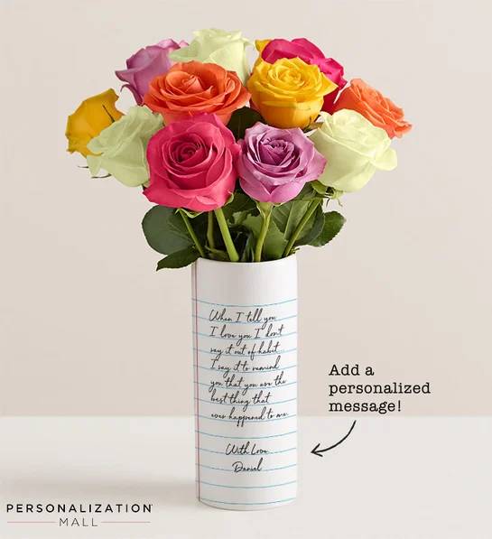 Ramo de rosas con mensajes de amor y jarrón personalizado (con una docena de rosas surtidas)