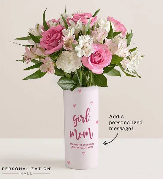 Ramo para mamá de niña con jarrón personalizado (con una docena de rosas surtidas)