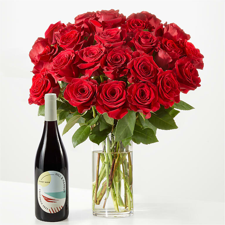 Set de regalo de ramo de rosas rojas y vino (12 rosas rojas con vino rosado)