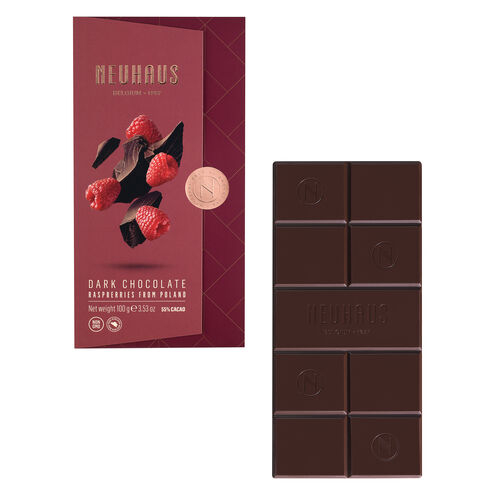 Tableta de chocolate negro con trocitos de frambuesa