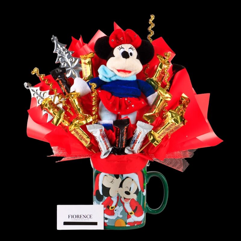 Ramo de dulces en una taza gigante de Mickey y Minnie con chocolate Toblerone