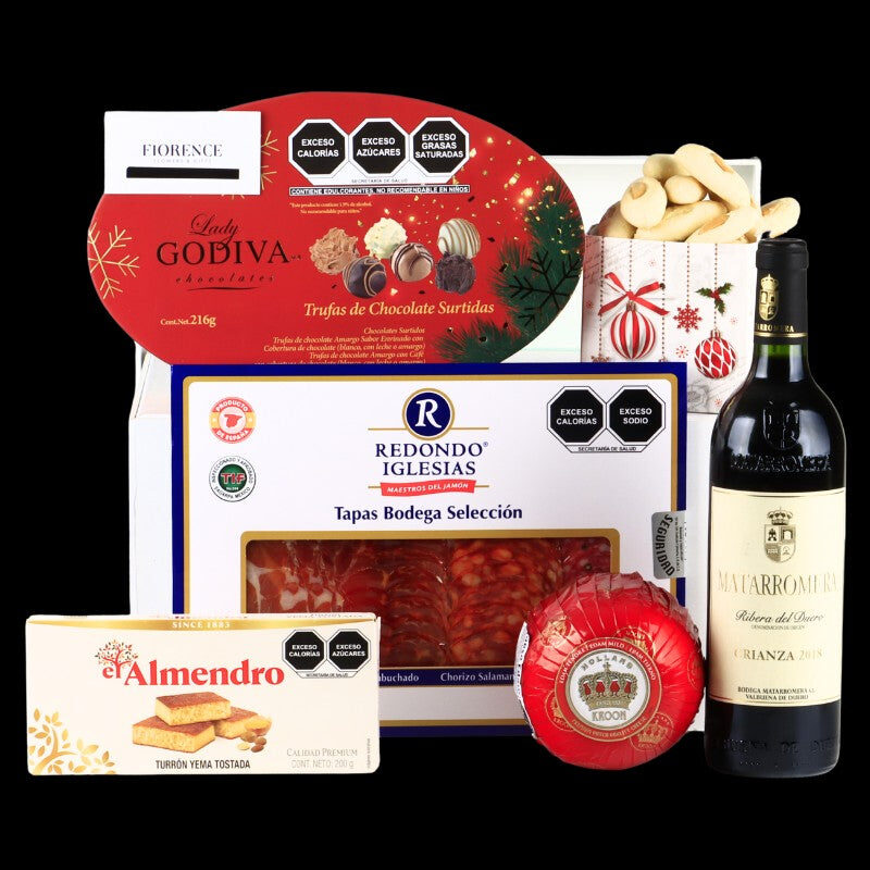 Caja Deluxe con vino tinto español, embutidos, chocolates, galletas y mucho más