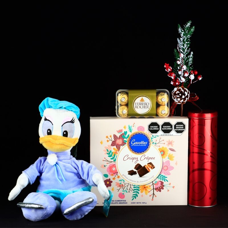 Patita Disney Daisy con esquís, chocolates y galletas