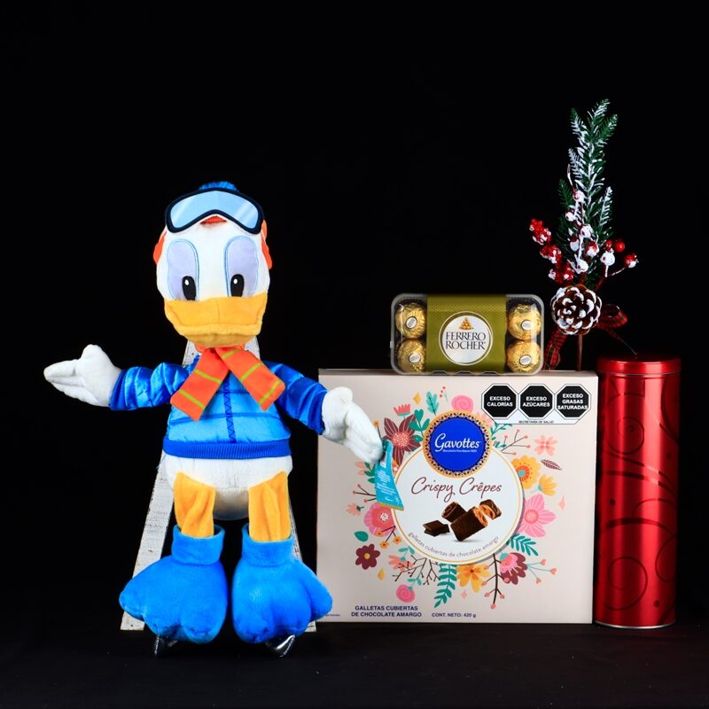Pato Donald de Disney con esquís, chocolates y galletas