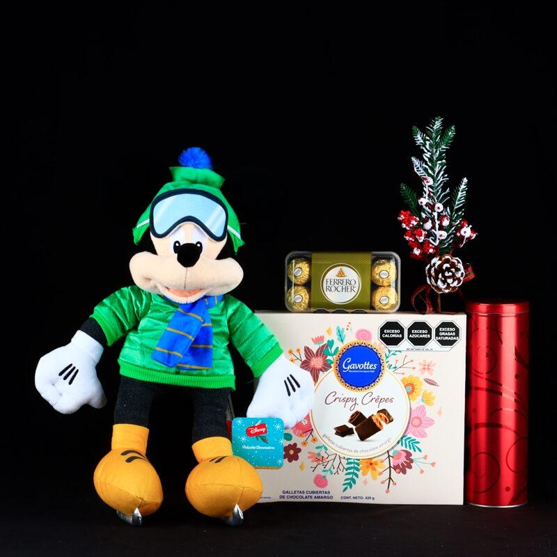 Mickey Mouse de Disney con esquís y chocolates