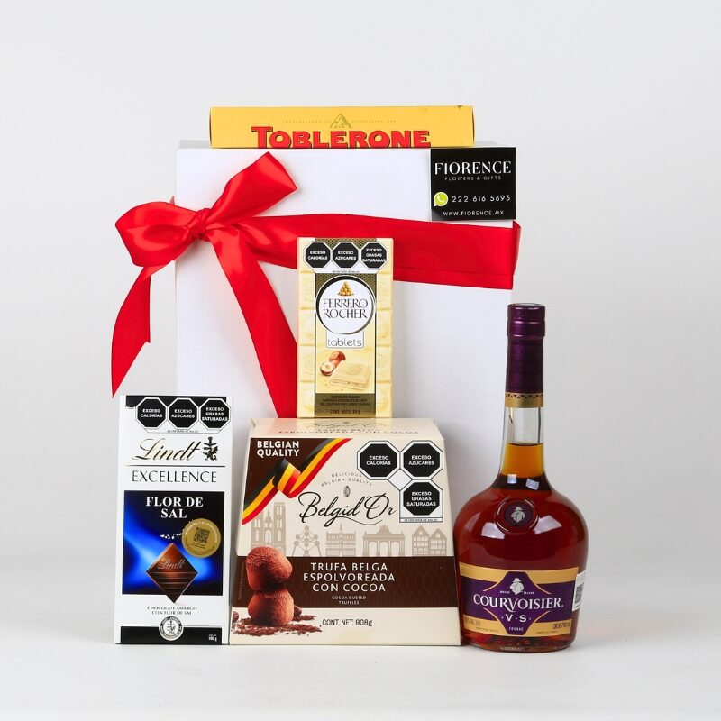 Exquisito regalo gourmet con coñac y chocolates importados.
