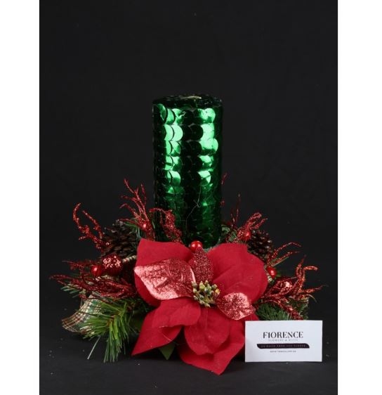 Centro de mesa con vela de lentejuelas verdes