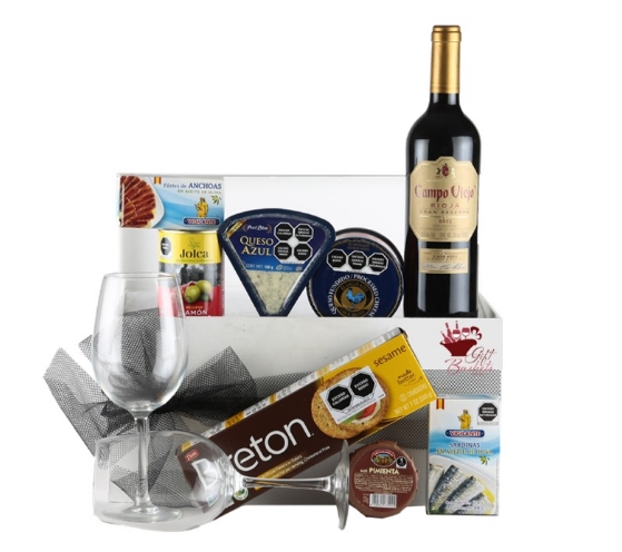 Regalo con Vino Tinto y Variedad de Productos Gourmet