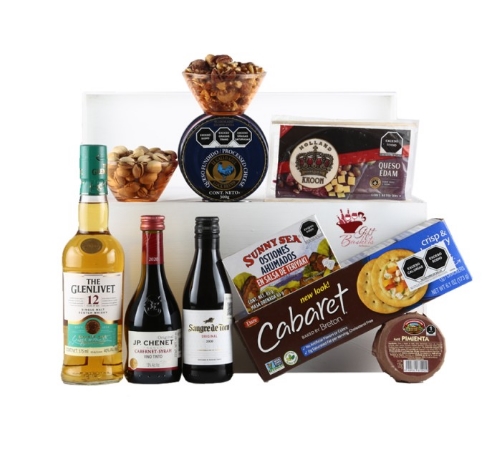 Canasta de regalo definitiva con whisky, dúo de vinos tintos, quesos, refrigerios y más