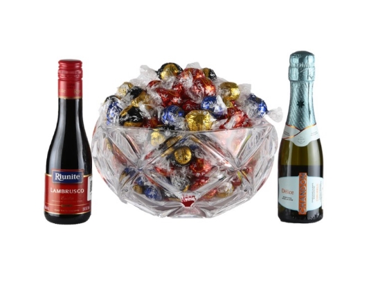 Espectacular Caja Regalo Cuenco de Cristal, Vinos y Chocolates