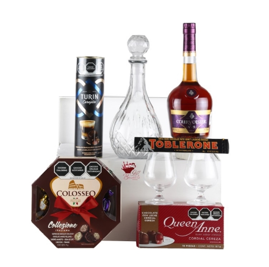 Caja de regalo exclusiva con coñac Courvoisier, decantador de vidrio y chocolates importados