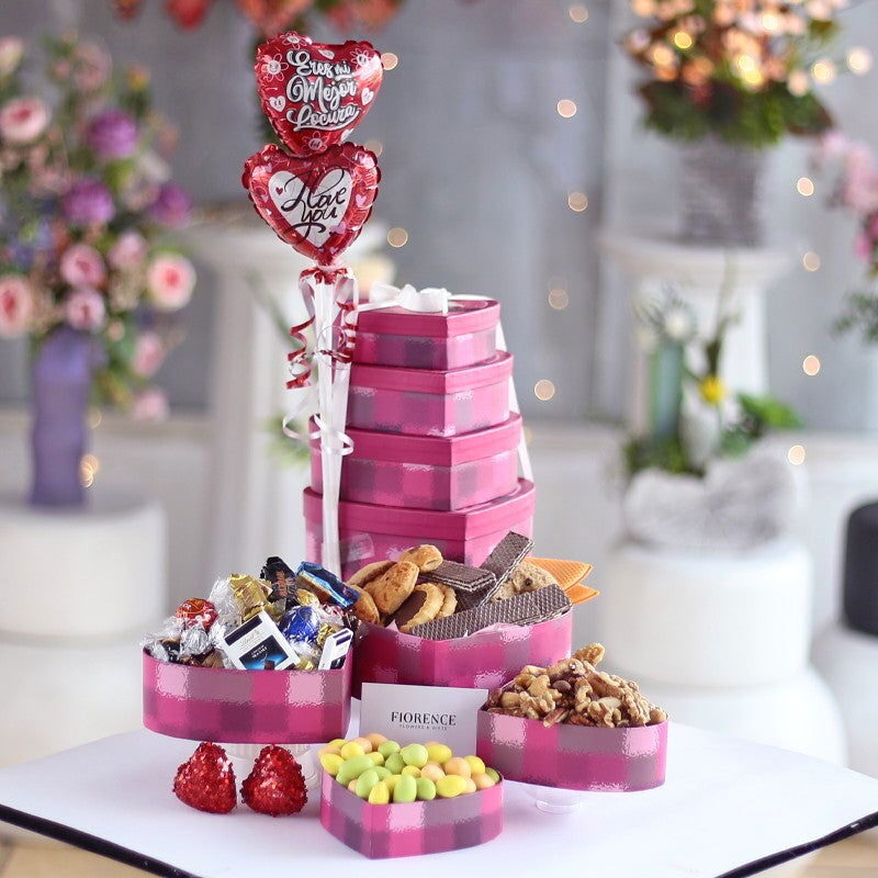 Torre de regalos "Mi corazón es tuyo" con chocolates importados