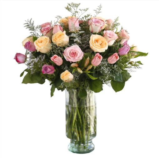 Dos docenas de rosas rosadas en jarrón - Arreglo floral con 24 rosas