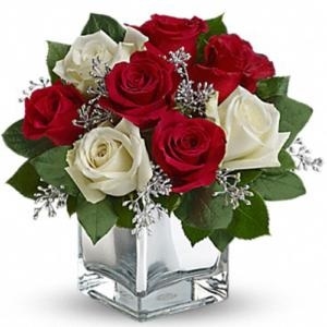 Arreglo de cubos de rosas rojas y blancas.