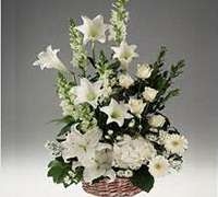 Arreglo floral blanco con lirios, rosas y San Vicente.