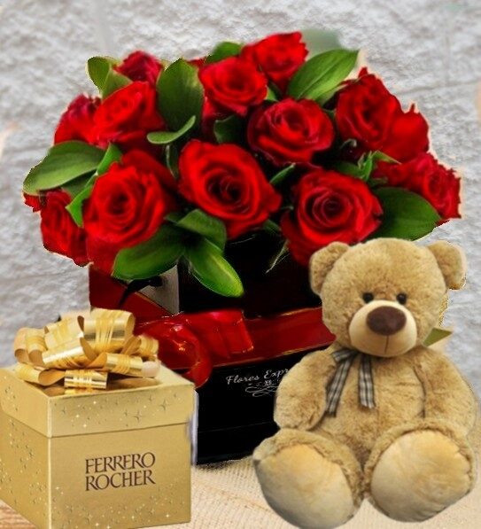 COMBO BOX 12 ROSAS, PELUCHE Y FERRERO