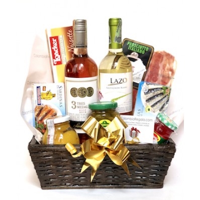 Cesta gourmet con dúo de vinos