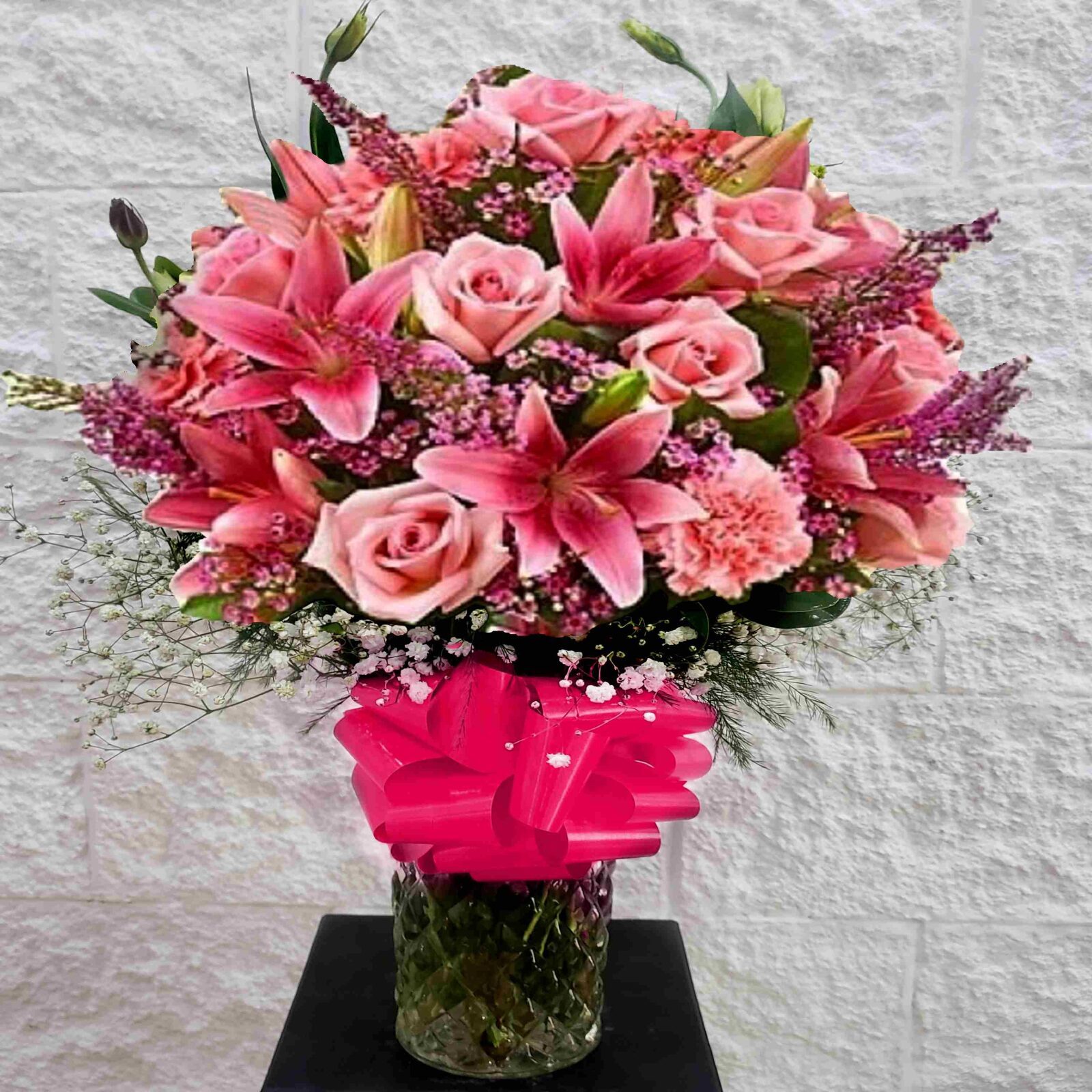Jarrón de Rosas Rosadas y Lilyum Rosa