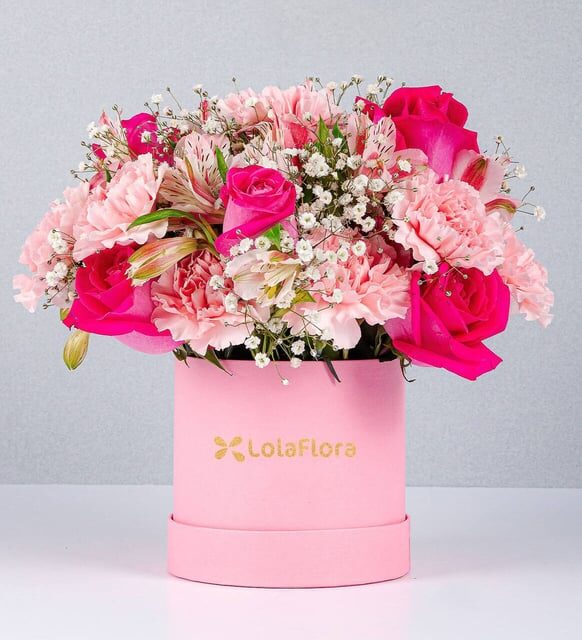 Caja Rosa Con Rosas Rosadas Y Claveles