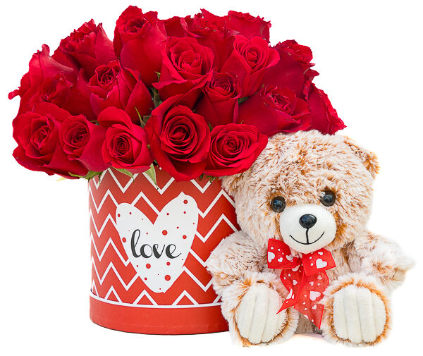 Rosas rojas en caja de amor con osito