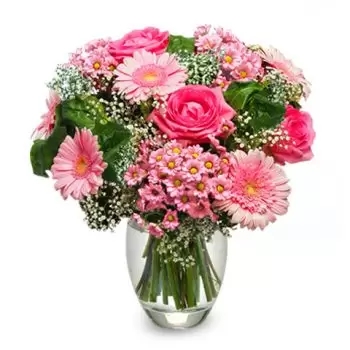 4 rosas rosadas, 8 gerberas rosadas, aliento de bebé