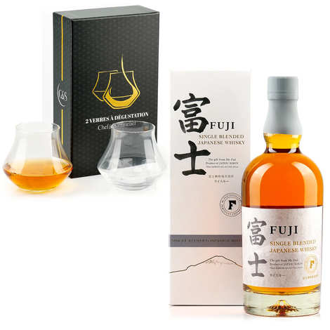 Whisky japonés Fuji Single Blended y sus 2 copas de degustación