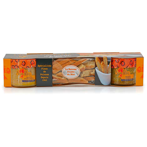 Caja de aperitivos con sabor a marisco - Rillettes de mejillones y vieiras (Caja con 2 rillettes (2 x 95 g) + salsas (60 g))