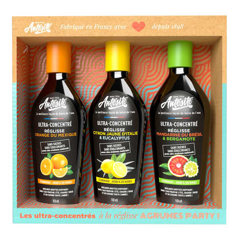 Caja Citrus Party con 3 caramelos de regaliz ultraconcentrados de naranja, mandarina y limón - Antesite