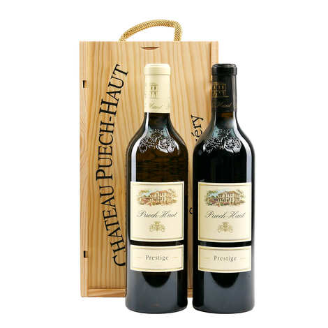 Caja de 2 botellas Chateau Puech-haut - 1 vino tinto Prestige 75cl + 1 vino blanco Prestige 75cl