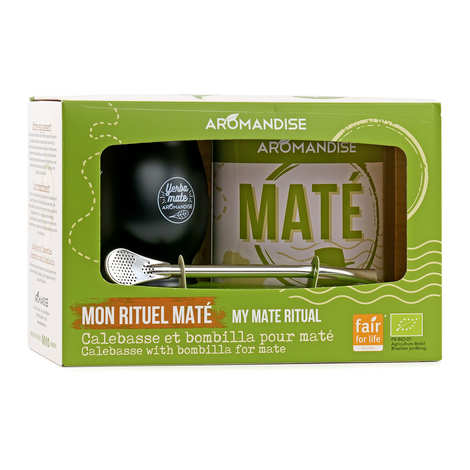 Caja para el ritual del mate: calabaza, bombilla y caja de mate verde orgánico silvestre.