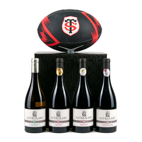 Set de regalo Vinovalie x Stade Toulousain: 4 botellas de vino y 1 balón de rugby.