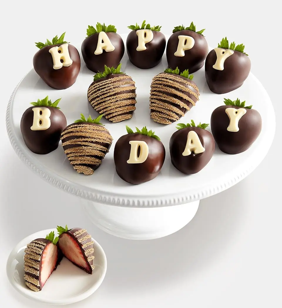 Felicitaciones de cumpleaños: Fresas bañadas en chocolate belga artesanal