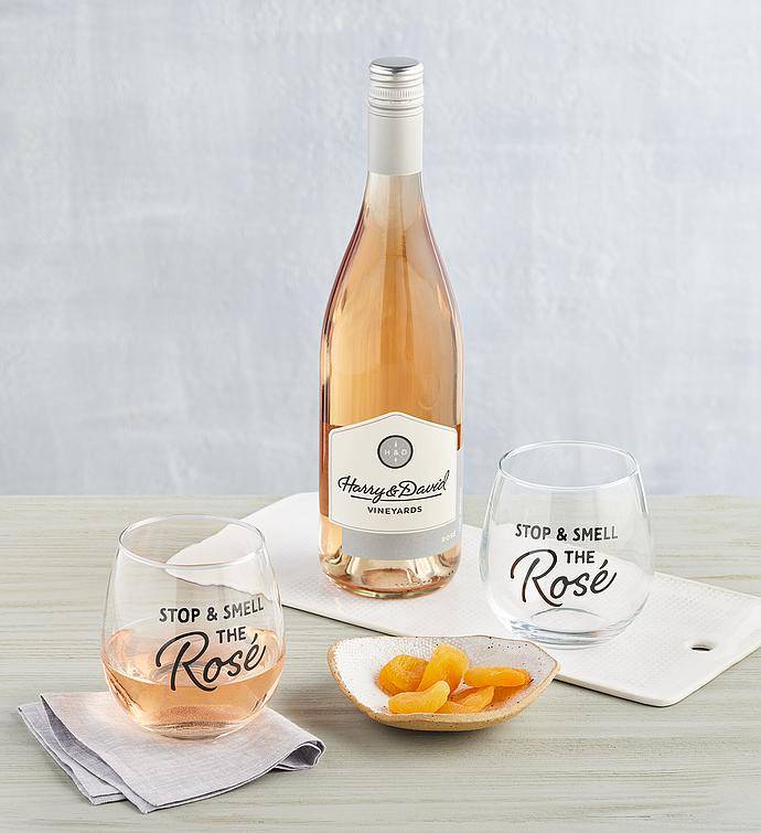 Copas de vino "Detente y huele la rosa" con vino rosado