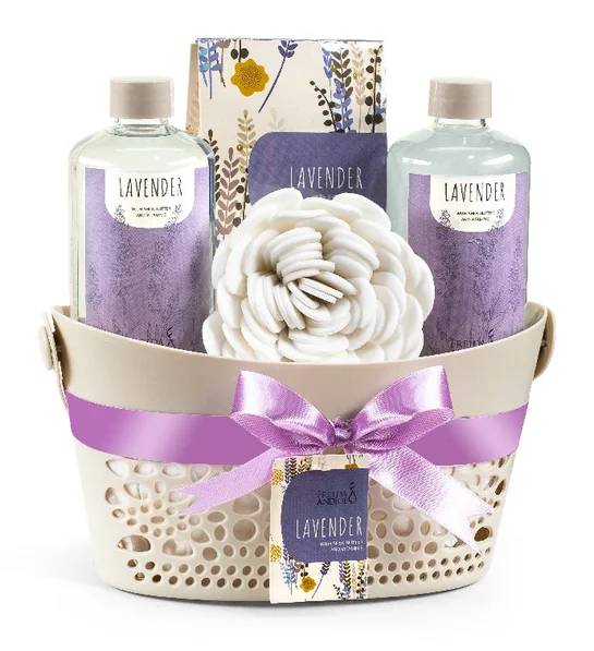Cesta de regalo con set de spa para baño y cuerpo con fragancia de lavanda