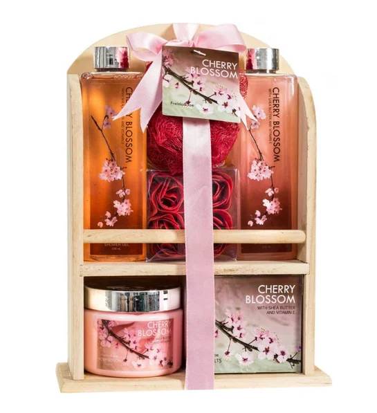 Set de regalo de spa para baño y cuerpo con fragancia de flor de cerezo, de madera reutilizable.