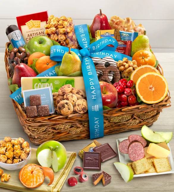 Cesta Deluxe de Frutas y Dulces de Feliz Cumpleaños
