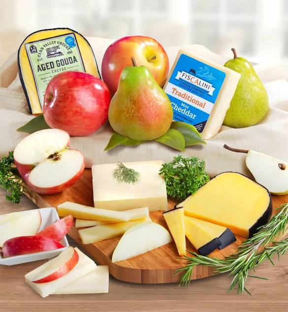 Cesta gourmet de frutas frescas y quesos - sin gluten