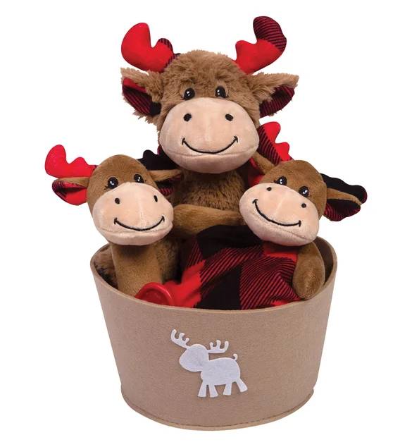 Cubo de peluche de 4 piezas con estampado de alce a cuadros de búfalo, ideal como regalo para bebés.