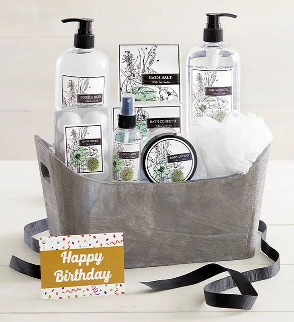 Cesta de spa de té blanco de feliz cumpleaños